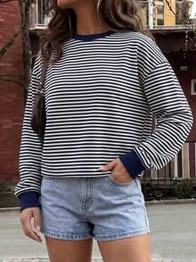 GLAMSKIN Women Color‑Block Striped Crew Neck Long Sleeve T‑Shirt,Simple Loose Fit Fall Basic Tee For Daily Wear&Office Commute - Navy - View 4