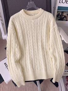 Autumn Apricot Cable Knit Sweater, Versatile Warm Crew Neck Pullover, Suitable For Back To School, Office, Brunch, Commuting - Apricot - View 5