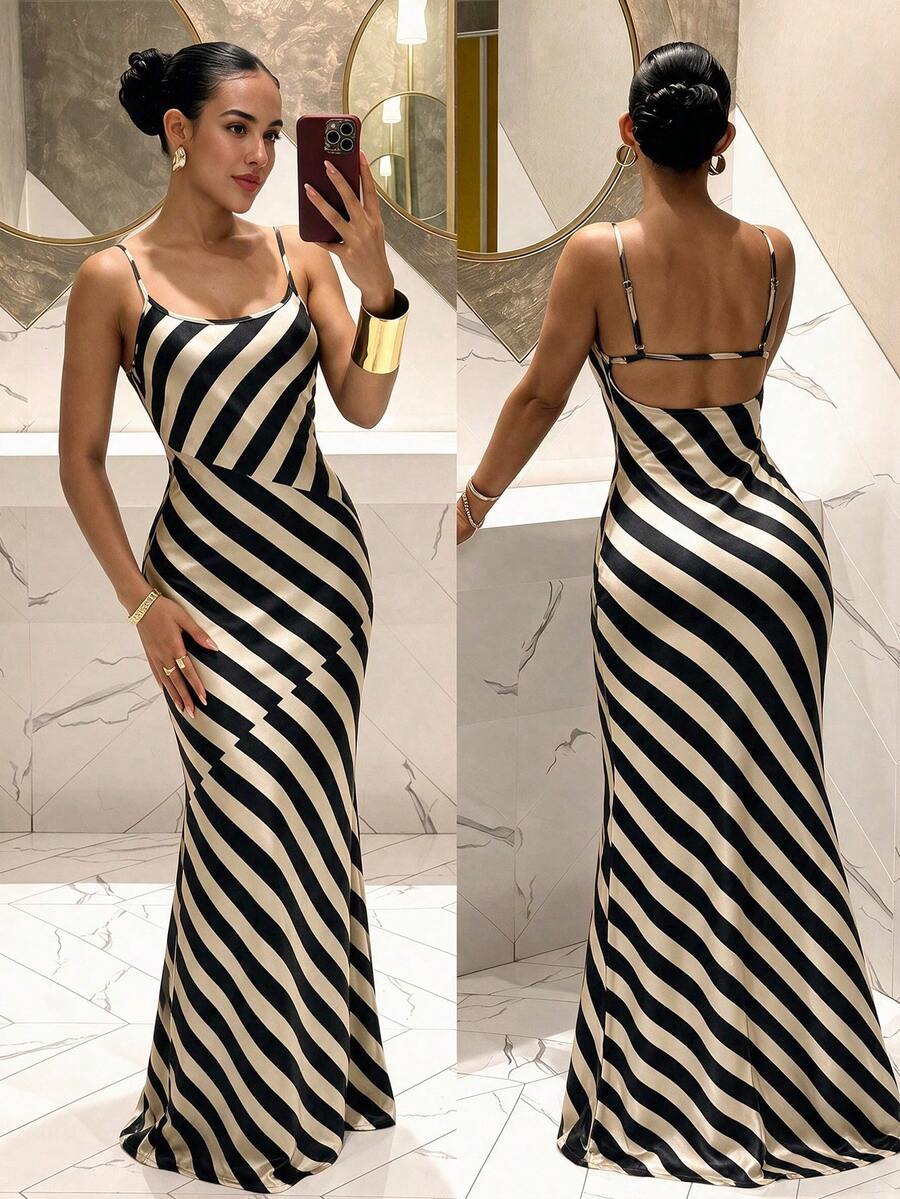 Spring/Summer Striped Print Asymmetrical Fishtail Hem Spaghetti Strap Sleeveless Fitted Maxi Dress, Elegant Style - Multicolor - View 1