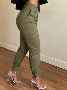 Versatile Casual Korean Style High Waist Cuffed Button Decor Cargo Pants - Army Green - View 4