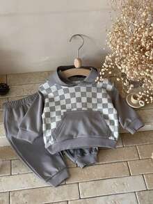 2pcs/Set Baby Grey Checkerboard Patchwork Towel Embroidery Long Sleeve Sweatshirt & Long Pants Spring Autumn Minimalist Set - Grey - View 9
