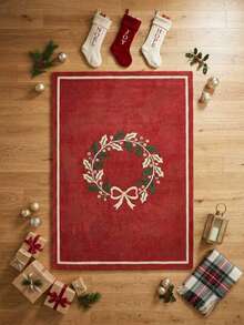 1pc Christmas Red Background Wreath Living Room Carpet, Rug, Area Rug, Large Rug, Floor Mat, Christmas Carpet - Multicolor - View 2