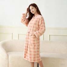 1pc Women's Premium Lapel Bathrobe, Robe, Nightgown, Morning Gown, Long Robe, Coral Fleece, Soft, Absorbent, Comfortable, Bedroom, Bathroom, Pool, All Seasons - Grey - View 9