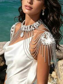 1pc Sexy Multi-Layer Classic Tassel Rhinestone Shoulder Chain, Body Jewelry For Women, Party & Banquet - Silver - View 2