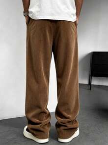 Men's Corduroy Cargo Pants With Elastic Drawstring Waist, Multiple Pockets, Wide Leg Casual Long Pants, Autumn/Winter - Coffee Brown - View 4