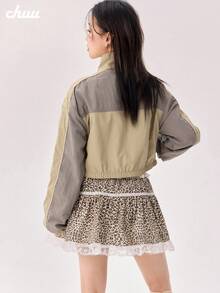 CHUU Contrast Color Zipper Jacket Women Autumn Lace Trim Patchwork Casual Versatile Letter Crop Top - Coffee Brown - View 5