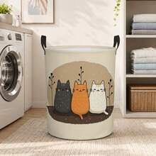 1pc Cute Cartoon Style Round Laundry Basket With Healing 3 Cats Pattern, Perfect For Bedroom, Apartment, Dorm, Living Room And Laundry Area. Great For Storing Dirty Clothes, Blankets, Towels, Keep Your Home Organized - Multicolor - View 3