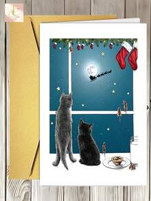 1pc Charming Gray Black Cat Christmas Card - High-Quality Paper,Perfect First Christmas Gift, Ideal For Cat Lovers, Family, Friends, And Colleagues, Suitable For Anyone - One Size Fits All - View 2