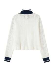 Adidas Women's Sports Jacket SPORTS TT W Stand Collar Contrast Trim Knit Cardigan KX6899 - Jade White/Dark Indigo - View 2