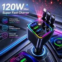 Charger Mobil Multifungsi 7-in-1 yang Dapat Ditarik, Charger Ponsel Mobil Cepat dengan Tampilan Tegangan Digital & Lampu Proyeksi Langit Berbintang, 2 Port PD, 3 Kabel yang Dapat Ditarik Otomatis & Port USB, Aksesori Otomotif Universal yang Kompatibel dengan Sebagian Besar Perangkat Elektronik - A - View 1