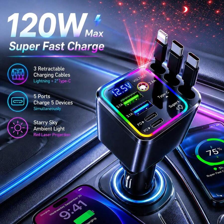 Charger Mobil Multifungsi 7-in-1 yang Dapat Ditarik, Charger Ponsel Mobil Cepat dengan Tampilan Tegangan Digital & Lampu Proyeksi Langit Berbintang, 2 Port PD, 3 Kabel yang Dapat Ditarik Otomatis & Port USB, Aksesori Otomotif Universal yang Kompatibel dengan Sebagian Besar Perangkat Elektronik - A - View 1