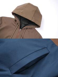 1 Set Men's Brown & Blue Colorblock Hooded Sportswear, Spring/Autumn, Includes Colorblock Zip-Up Jacket & Cuffed Joggers - Royal Blue - View 5