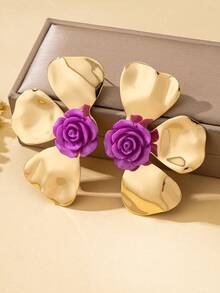 1 Pair Women's Vintage Premium Petal Flower Stud Earrings, Suitable For Daily Wear And Vacation - Purple Flower Center - View 2