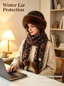 Winter Leopard Print 2 Pieces Set: Thick Leopard Print Faux Fur Earflap Hat, Paired With Matching Color Pom Pom Leopard Print Scarf. Made Of Thick Fleece Material, Windproof And Warm, Lightweight And Comfortable, Ear Protection Design, Keeps You Warm All Over - Multicolor - View 4