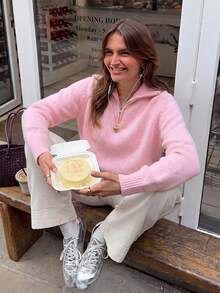 Senya 2026 Women's Pink Half-Zip Knit Sweater, Soft Comfortable Long Sleeve Pullover With Turn-Down Collar, Preppy Casual Loose Fit, Autumn/Winter Everyday Top - Pink - View 5