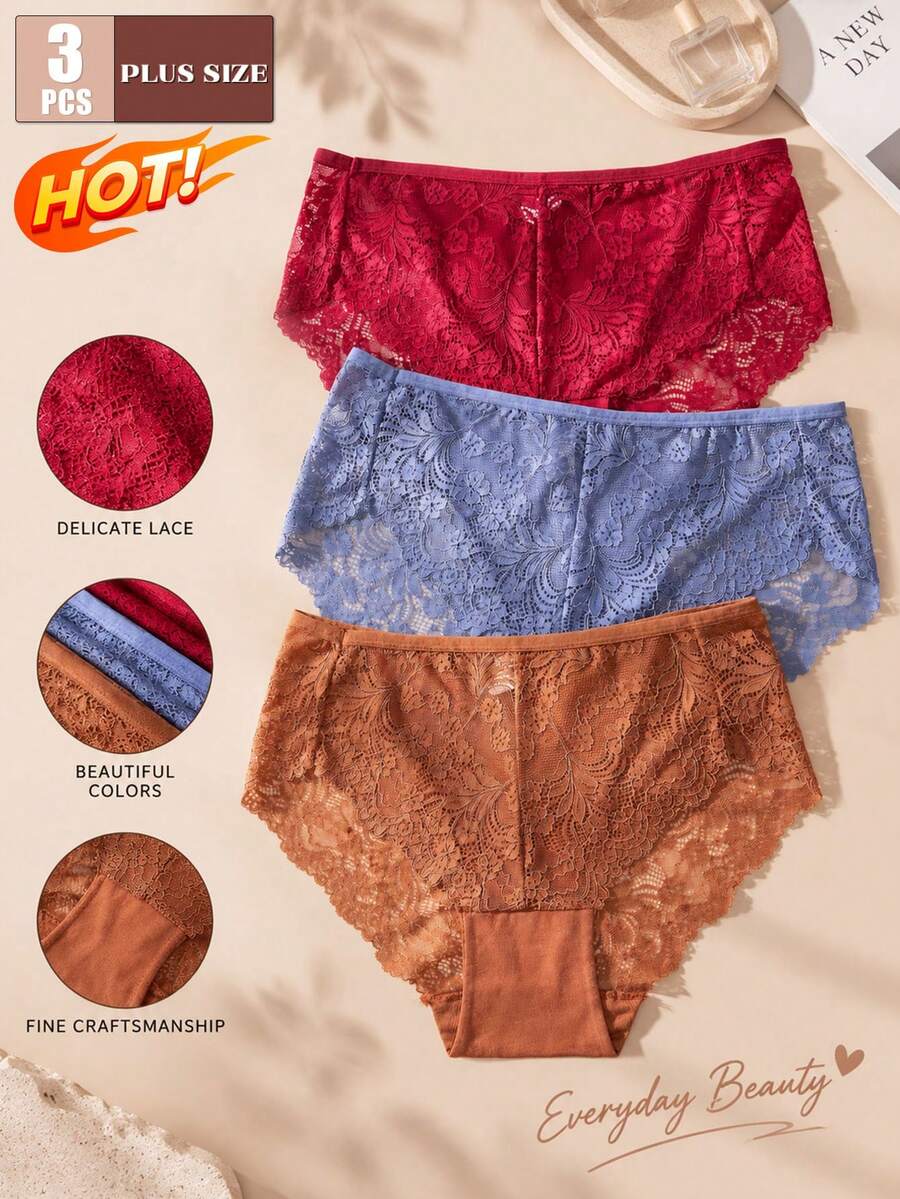 3pcs Plus Size Women's Lace Panties - Multicolor - View 1