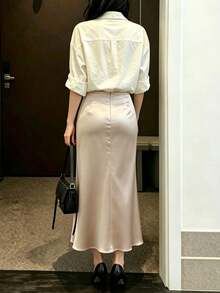 Solid Color Elegant Polyester Zipper Skirt For Evening Date, All Seasons - Champagne - View 2