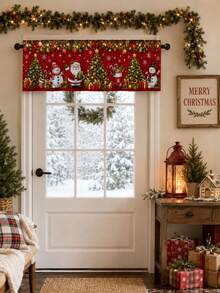1pc Christmas Red Santa Snowman Tree Window Topper, Traditional American Holiday Style Polyester Rectangular Rod Pocket Short Valance With Evergreen Garland, Ornaments And Snowflake Print, Kitchen Dining Room Decor - Multicolor - View 10