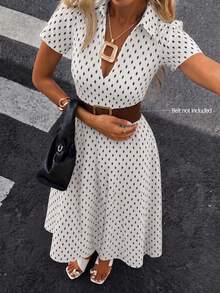 Printed Lapel Women's Dress, Summer Vintage Elegant Commute Puff Sleeve Flared A-Line Midi Dress - Pearl White - View 5