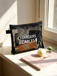 網格拉鍊收納袋，印有「Chargers And Cables」字母圖案，多功能便攜收納包，數位配件包、化妝包、保養品包、零錢包、旅行盥洗包，適用宿舍用品、婚禮新娘禮物、生日禮物、送給朋友與老師的禮物，浴室收納 - 彩色 - 查看 10