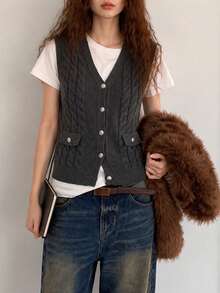 Women's Autumn/Winter V-Neck Cable Knit Cardigan Vest - Dark Grey - View 4