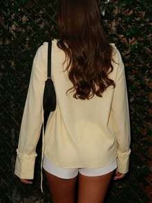 Women's Elegant Ruffle Trim V Neck Button Front Long Sleeve Blouse Casual Loose Fit French Vintage Top - Yellow - View 4
