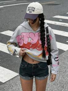 女款 Y2K 短版長袖針織運動衫，吸睛印花街頭風時尚上衣 - 灰色 - 查看 1