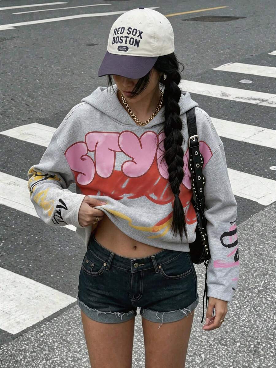 女款 Y2K 短版長袖針織運動衫,吸睛印花街頭風時尚上衣 - 灰色 - 查看 1