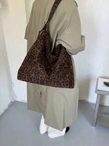 Tas Tote Satu Bahu Kasual Bermotif Leopard Desain Personalisasi Niche Terbaru Musim Gugur 2026 dengan Kapasitas Besar dan Desain Longgar - Kopi - View 10