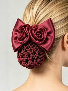 1pc Mesh Bow Hair Clip With Double Peony Flowers, Casual Daily Wear, Polyester Fiber, All Seasons - Burgundy - View 1