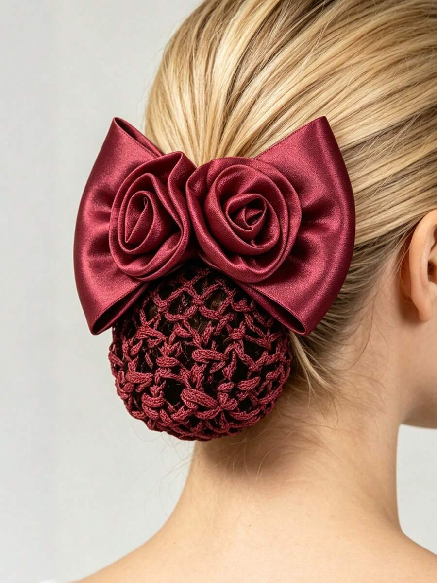 1pc Mesh Bow Hair Clip With Double Peony Flowers, Casual Daily Wear, Polyester Fiber, All Seasons - Burgundy - View 1