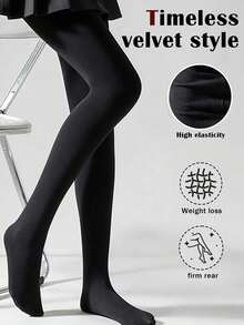 1pc Women Soft Velvet Leggings, Black And Coffee Color Comfortable Tights, Durable High Elasticity, Suitable For Daily, Work And Outdoor Activities - Multicolor - View 4