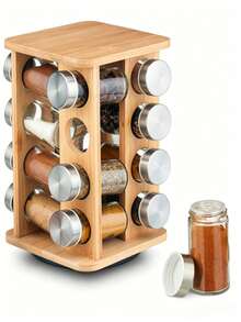 Bamboo 360° Rotating Spice Rack With 12 Glass Spice Jars, Rotatable Base Design, 3‑Tier 4‑Sided Layout, Spice Organizer For Kitchen Counter, Spice Sorting & Easy Rotating Access - Random Color - View 7