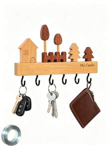 My Castle Wooden Key Holder Wall-Mounted Decorative Entryway Storage Hook Organizer Rack Cute House And Tree Pattern Rustic Wooden Hooks Suitable For Keys, Hats, Coats, Scarves, Leashes, Hallway, Bedroom, Living Room Home Decor - Multicolor - View 8