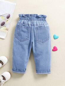 Baby Girl Spring Summer Autumn Denim Long Pants With Heart Embroidery, Light Blue Wash, Elastic Ruffle Waist, Pink Buttons, Loose Straight Leg, Sweet Casual For Daily Outdoor Outings - Blue - View 6