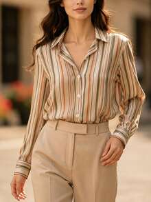 YUXIN Vintage Contrast Vertical Striped Button-Up Shirt, Women's Loose Stand Collar Top, Fashionable & Elegant Apparel For All Seasons Spring - Green - View 12