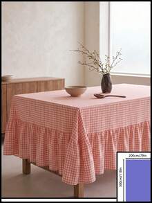 1pc Pink And White Small Checkered Tablecloth, Warm Pastoral Style, Fabric Material, Rectangular Long With Ruched Edge And Pleated Detail, Decorative And Functional, Suitable For Daily Home Dining Scenes - Pink - View 18