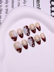 Kuku Palsu Tempel Buatan Tangan Gaya Prancis Retro Musim Gugur Warna Merah Anggur, Kuku Almond Pendek, Seni Kuku Bunga Putih Emboss 3D, Hiasan Rhinestone Mengkilap, Mewah Cerah, Dapat Dilepas dan Digunakan Kembali - Burgundy - View 1