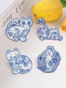 4Pcs Blue‑White Porcelain Style Cat Enamel Brooch Set, Chinese Floral Kitty Lapel Pin Badge For Backpack Jacket Decor - Blue - View 7