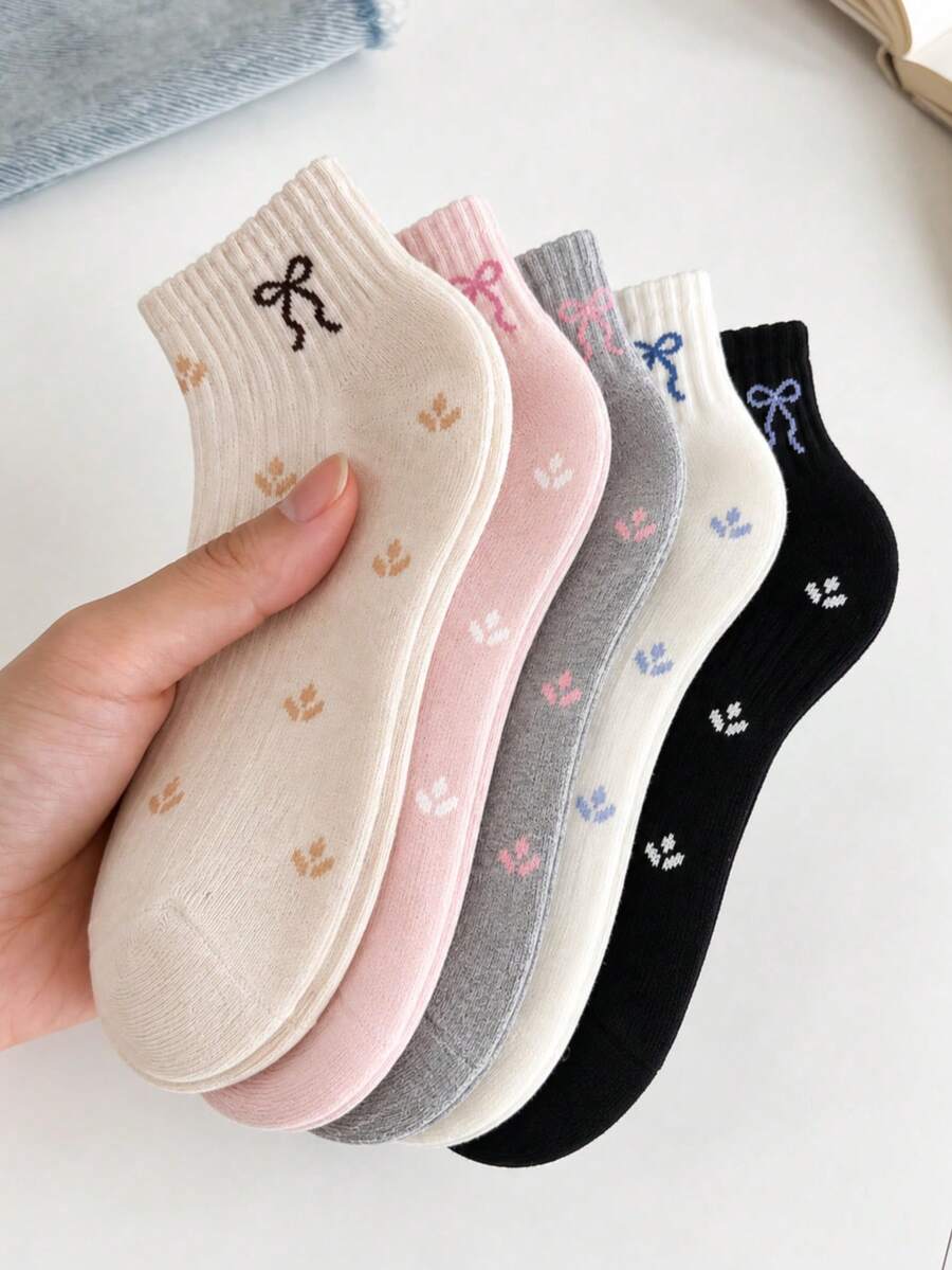 5雙女款可愛蝴蝶結與花卉短襪,Ins時尚學院風,舒適柔軟,吸汗透氣,簡約百搭,適合日常、運動、休閒等多種場合,春夏秋四季皆可搭配 - 彩色 - 查看 1