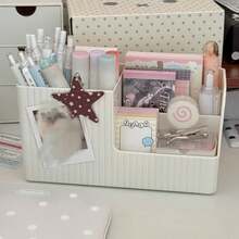 Multi-Compartment Desktop Stationery Organizer, Large Capacity Pen Holder Storage Box, Suitable For Back To School Season, Multi-Compartment Design Can Store Pens, Sticky Notes, Stickers, Cute Aesthetic Desktop Decor - Striped Storage Box - View 5
