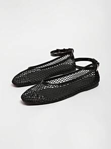Fishnet Hollow Out Elastic Band Bow Flat Ballet Shoes Summer Comfortable Doll Shoes, Mesh Shoes - Black - View 11