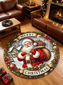 1pc Round Santa Claus Gift Rug, Decorative Rug, Bedroom Decor, Small Rug, Rug, Home Decor, Living Room Rug, Living Room Small Rug, Bedroom Rug, Living Room Home Decor, Outdoor Rug, Washable Rug - Multicolor - View 3
