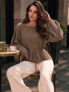 Autumn Brown Off Shoulder Ribbed Knit Sweater For Women Drawstring Waist Lantern Sleeve Loose Soft Knit Tops Casual Fall Daily Outfits - Brown - View 1