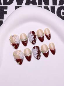 Kuku Palsu Tempel Buatan Tangan Gaya Prancis Retro Musim Gugur Warna Merah Anggur, Kuku Almond Pendek, Seni Kuku Bunga Putih Emboss 3D, Hiasan Rhinestone Mengkilap, Mewah Cerah, Dapat Dilepas dan Digunakan Kembali - Burgundy - View 11