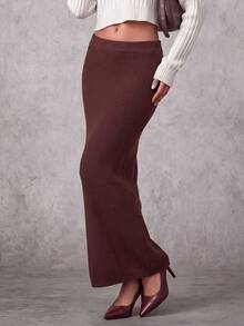 Nicenter Women's Autumn Burgundy Elegant High Waist Ribbed Knit Midi Pencil Skirt, Daily Commute Office Wear - Burgundy - View 6