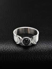 1pc Minimalist Vintage Stainless Steel Black Agate Ring For Men, Unique Daily Gift - Silver - View 4
