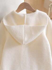Girls Cute Solid Color Cable Knit Hooded Mid-Length Buttonless Cardigan Sweater Jacket, Suitable For Vacation, Casual, Spring, Autumn, Winter - Apricot - View 6