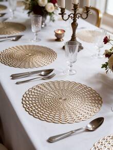 12pcs, Gold Round Hollow PVC Placemats, Washable Tabletop Decor Mats, Non-Slip Odorless Tableware Pads, Durable Highly Attractive Coasters, Suitable For Restaurants, Cafes, Homestays, Fit For Festivals, Parties, Gatherings, Birthdays, Weddings, Dinner Parties. - Multicolor - View 6
