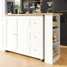 360 °   Swivelling Dining Table (138-209 X 39 X 106) On Castors, Bar Table, Black, With Three Drawers And Snack Rack, Multifunctional Storage Island, Suitable Kitchen And Living Room. - White + MDF - View 5